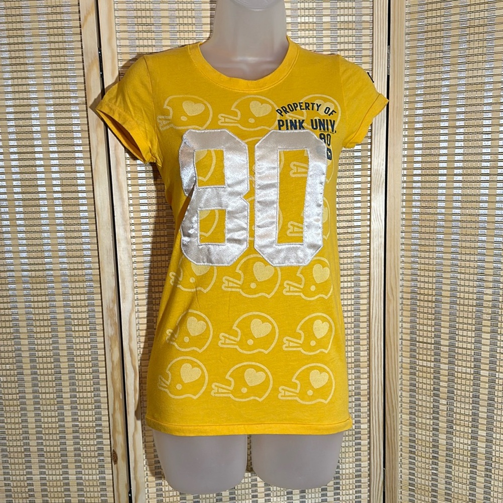 PINK Victoria's Secret Orange Yellow Football Tee Shirt Capped Sleeves XS - Picture 1 of 15